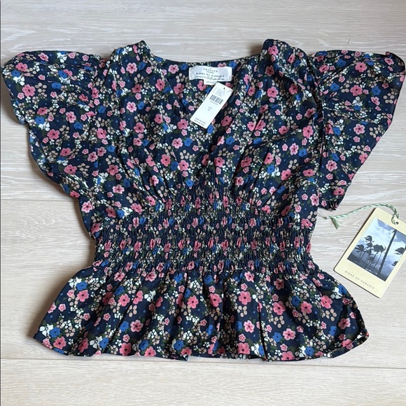 Trovata Birds of Paradis Floral Smocked Blue Pink Peplum Blouse Cap Sleeves - Picture 3 of 10